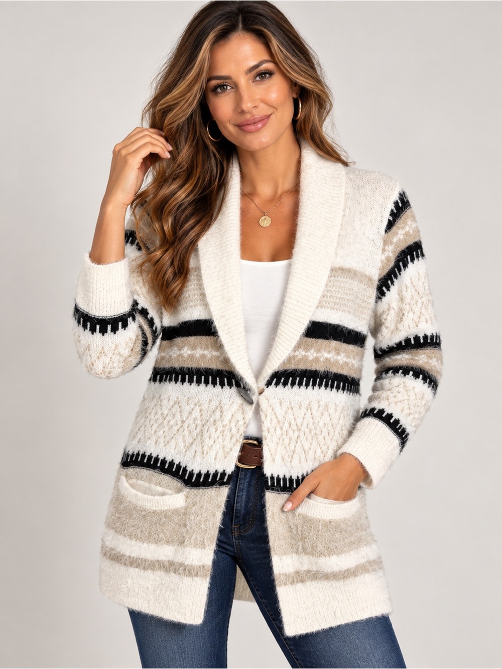 G.H. Bass & Co Size S Sweater Black, Tan and Cream Snap Cardigan Cowl Neck